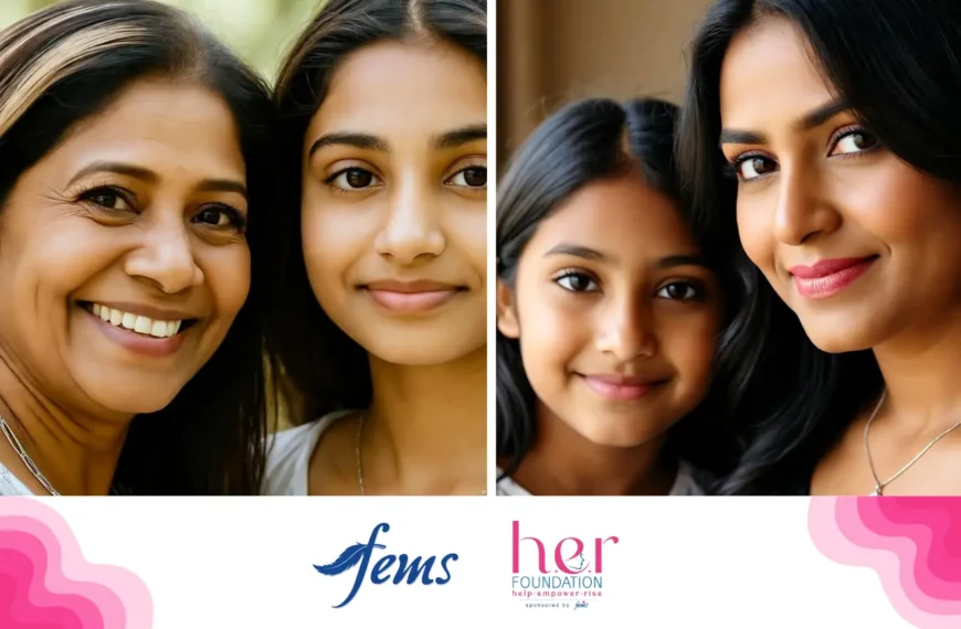 ඔසප් වීම | Two Sri Lankan mothers smiling warmly beside their daughters, symbolizing trust and open communication. The image highlights the bond between mothers and daughters in promoting menstrual awareness. Logos of *Fems* and *Her Foundation* appear below, representing initiatives for menstrual education and empowerment.