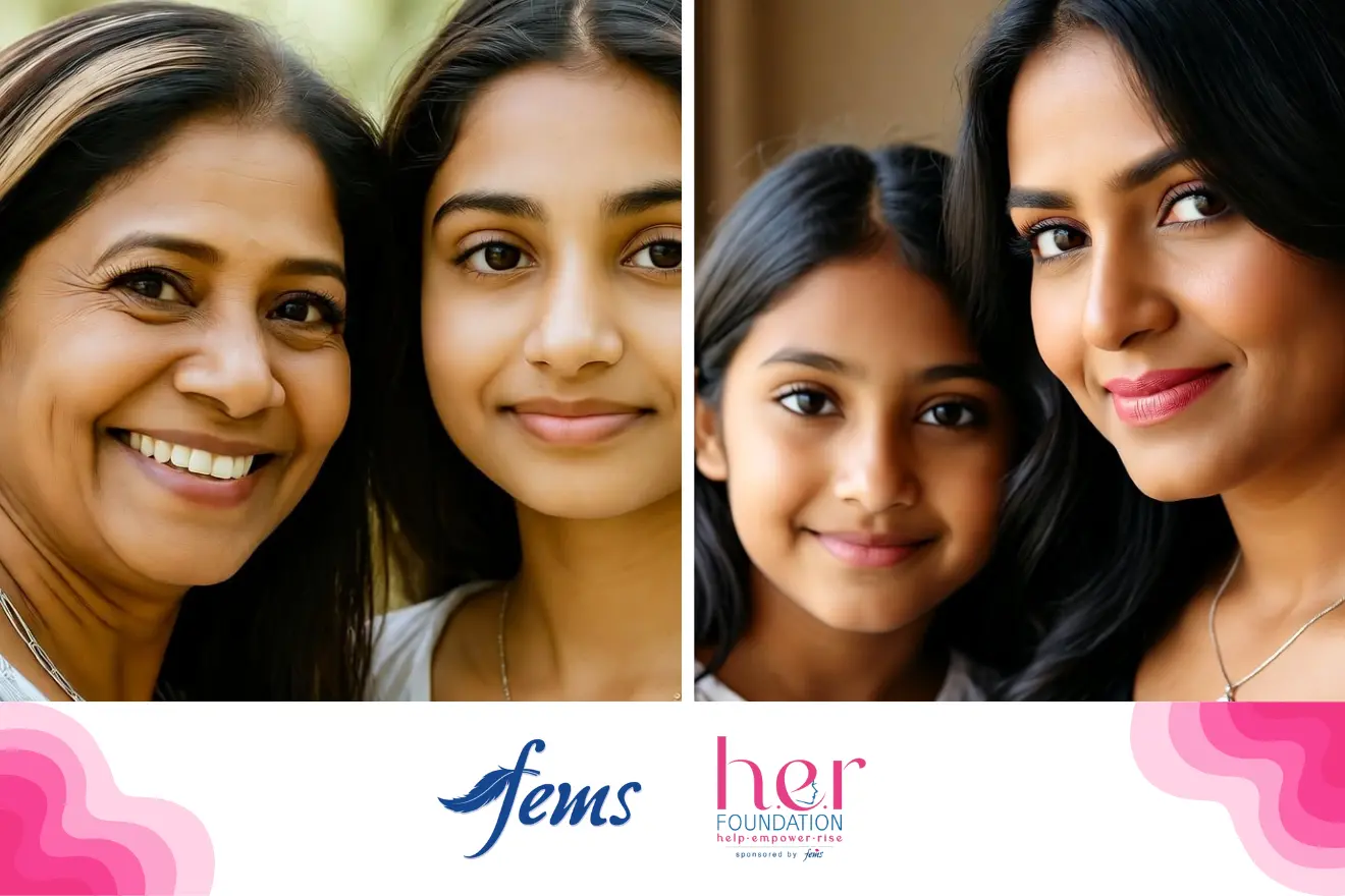 ඔසප් වීම | Two Sri Lankan mothers smiling warmly beside their daughters, symbolizing trust and open communication. The image highlights the bond between mothers and daughters in promoting menstrual awareness. Logos of *Fems* and *Her Foundation* appear below, representing initiatives for menstrual education and empowerment.