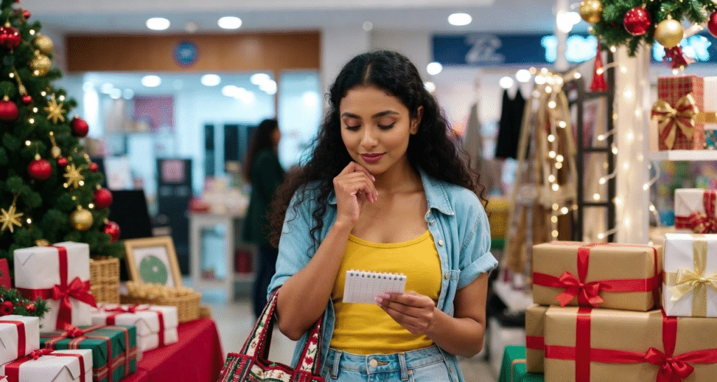 කාන්තා ඔබට Budget Shopping Tips | A young Sri Lankan woman with long curly hair stands in a festive Christmas-themed shop, holding a small notepad and thinking while looking at her shopping list. She wears a yellow top, denim shirt, and jeans, with a colourful woven bag on her shoulder. Gift boxes wrapped with red and gold ribbons and decorated Christmas trees surround her, creating a warm and cheerful holiday atmosphere.