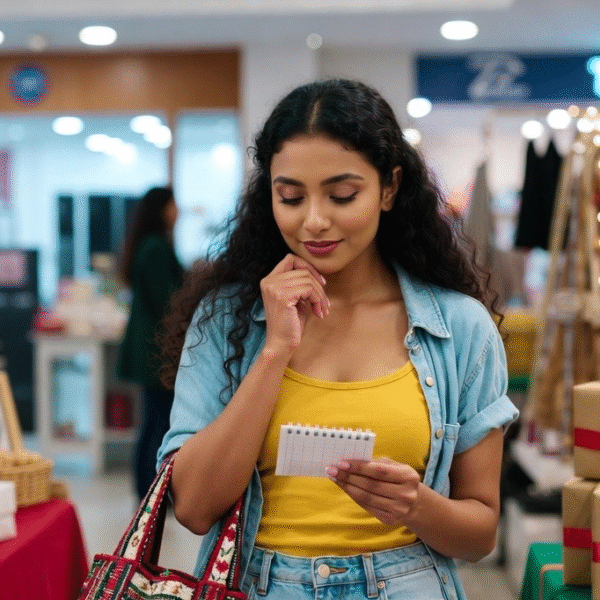 කාන්තා ඔබට Budget Shopping Tips | A young Sri Lankan woman with long curly hair stands in a festive Christmas-themed shop, holding a small notepad and thinking while looking at her shopping list. She wears a yellow top, denim shirt, and jeans, with a colourful woven bag on her shoulder. Gift boxes wrapped with red and gold ribbons and decorated Christmas trees surround her, creating a warm and cheerful holiday atmosphere.