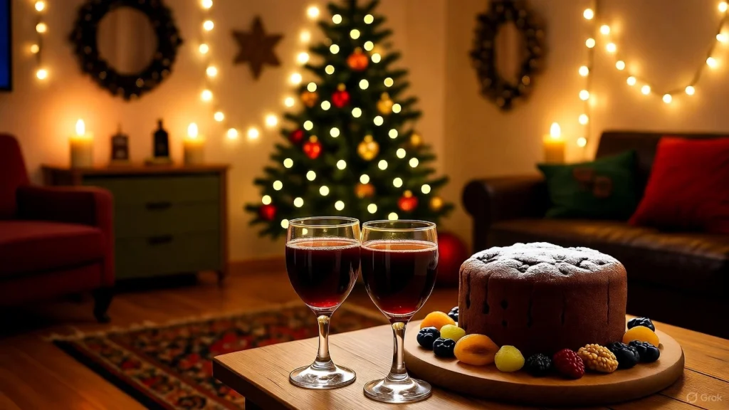 නත්තල | A cozy Sri Lankan living room decorated for Christmas with warm fairy lights, a glowing Christmas tree, and candles. On a wooden table in the foreground, two glasses of red mulled wine sit beside a traditional Christmas fruit cake garnished with powdered sugar and assorted dried fruits, creating a festive and inviting atmosphere.