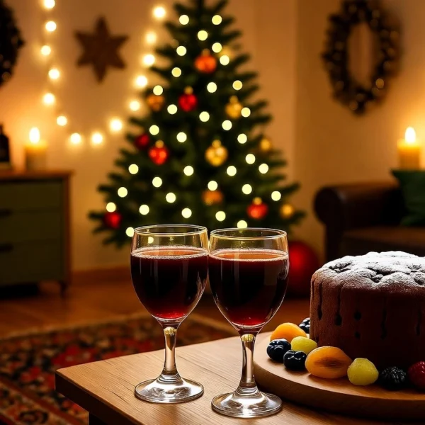 නත්තල | A cozy Sri Lankan living room decorated for Christmas with warm fairy lights, a glowing Christmas tree, and candles. On a wooden table in the foreground, two glasses of red mulled wine sit beside a traditional Christmas fruit cake garnished with powdered sugar and assorted dried fruits, creating a festive and inviting atmosphere.