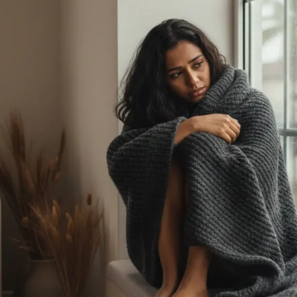 විශාදය (Depression) | Woman sitting by a window wrapped in a blanket, looking thoughtful and withdrawn, with rain visible outside, symbolising depression, loneliness, and emotional vulnerability.