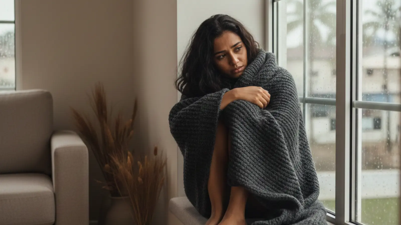 විශාදය (Depression) | Woman sitting by a window wrapped in a blanket, looking thoughtful and withdrawn, with rain visible outside, symbolising depression, loneliness, and emotional vulnerability.