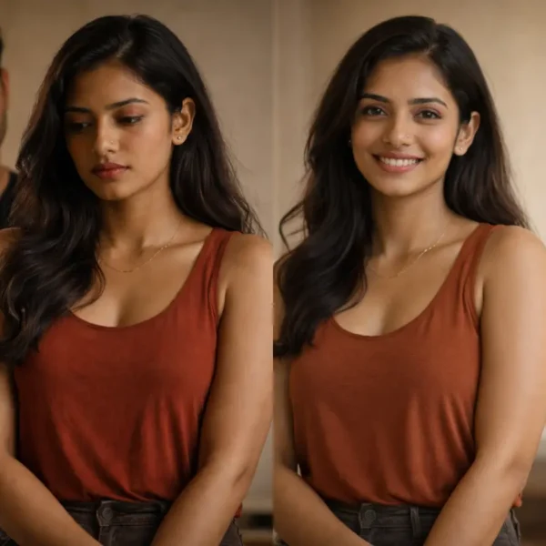 Side-by-side comparison image of a Sri Lankan woman showing emotional contrast in relationships — on the left she looks sad and withdrawn with a tense, possessive boyfriend standing close behind her, and on the right she looks happy and confident with an understanding boyfriend standing calmly at a respectful distance.