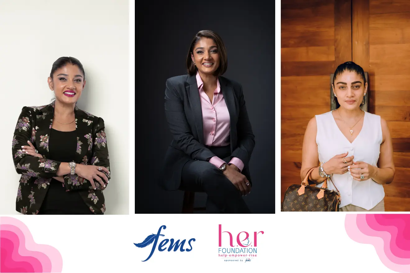 Menstrual Hygiene | Three professional women standing confidently, representing women’s leadership and menstrual health advocacy, with Fems and H.E.R Foundation logos below.