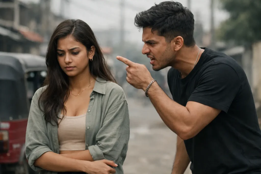 control freak boyfriend | Young Sri Lankan woman standing in soft natural light, looking down and emotionally conflicted, while a young man beside her gestures aggressively, set in a muted urban street with shallow depth of field and a serious, tense mood.