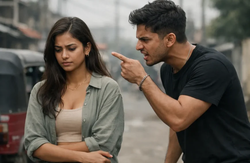 control freak boyfriend | Young Sri Lankan woman standing in soft natural light, looking down and emotionally conflicted, while a young man beside her gestures aggressively, set in a muted urban street with shallow depth of field and a serious, tense mood.