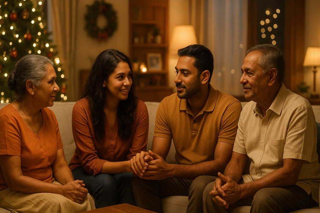 ගැටුම් | A Sri Lankan family of four sits together on a sofa in a warm, softly lit living room during the festive season. A Christmas tree with glowing lights appears in the background, along with subtle holiday décor and soft bokeh. The family members look calm and engaged in gentle conversation, creating a peaceful and harmonious atmosphere.