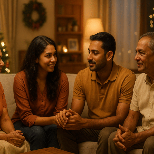 ගැටුම් | A Sri Lankan family of four sits together on a sofa in a warm, softly lit living room during the festive season. A Christmas tree with glowing lights appears in the background, along with subtle holiday décor and soft bokeh. The family members look calm and engaged in gentle conversation, creating a peaceful and harmonious atmosphere.