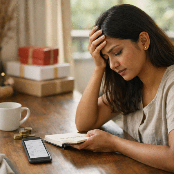 season | A stressed young woman sitting at a wooden table at home, holding her head while looking down at a notebook, with a phone displaying expenses, coins, and a calculator beside her, reflecting financial stress after the festive season.