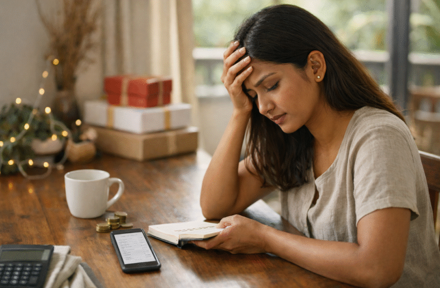 season | A stressed young woman sitting at a wooden table at home, holding her head while looking down at a notebook, with a phone displaying expenses, coins, and a calculator beside her, reflecting financial stress after the festive season.