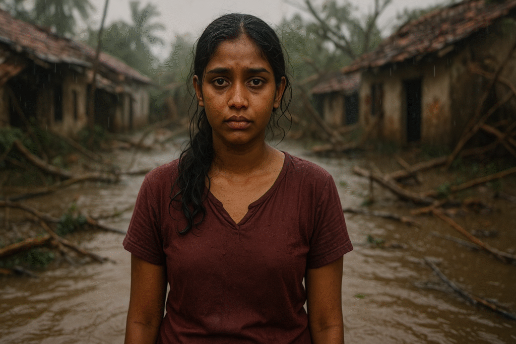 DITWA | A young Sri Lankan woman stands in shallow muddy floodwater after a cyclone, rain falling around her. She looks exhausted yet resilient, with wet hair and a soaked maroon shirt. Behind her are damaged houses, fallen branches, and debris, creating a somber post-disaster scene.