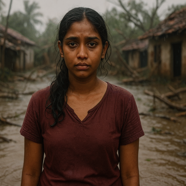 DITWA | A young Sri Lankan woman stands in shallow muddy floodwater after a cyclone, rain falling around her. She looks exhausted yet resilient, with wet hair and a soaked maroon shirt. Behind her are damaged houses, fallen branches, and debris, creating a somber post-disaster scene.
