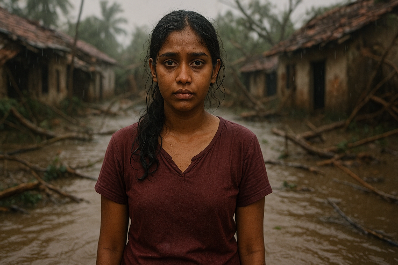 DITWA | A young Sri Lankan woman stands in shallow muddy floodwater after a cyclone, rain falling around her. She looks exhausted yet resilient, with wet hair and a soaked maroon shirt. Behind her are damaged houses, fallen branches, and debris, creating a somber post-disaster scene.