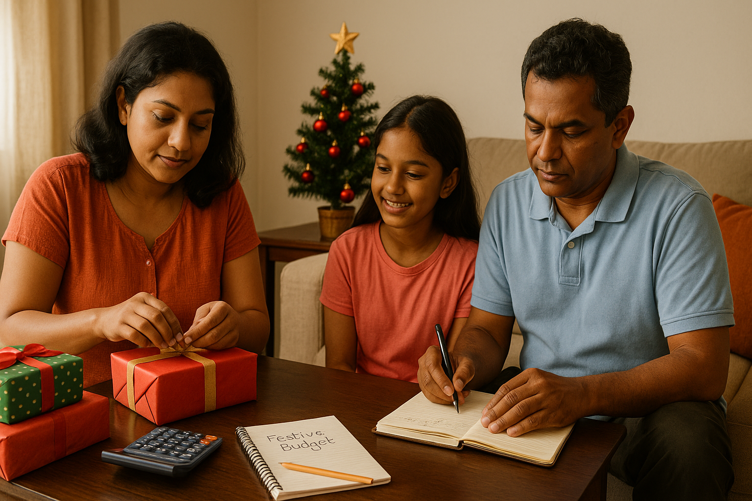 වියදම් | A Sri Lankan family sits together in a warm, simple living room preparing for the festive season. The mother wraps gifts at a wooden table, the father writes budgeting notes in a notebook, and their daughter smiles while watching them. A small decorated Christmas tree is in the background, and items like wrapped presents, a calculator, and a notebook labelled “Festive Budget” are on the table.