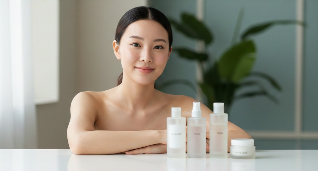 Korean Beauty Brands | High-resolution editorial-style image of a young Asian woman with clear, hydrated glass skin, seated at a minimal vanity with a small set of unbranded skincare products, soft natural light highlighting her natural glow and smooth skin texture.
