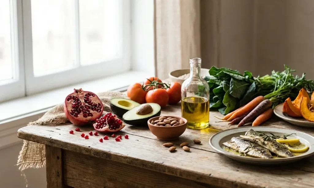 ස්වාභාවික ආහාර | Natural anti-ageing foods arranged on a rustic wooden table near a sunlit window, including pomegranate, avocado, tomatoes, almonds, olive oil, leafy greens, carrots, pumpkin, and grilled oily fish.