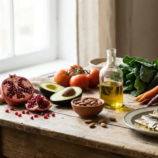 ස්වාභාවික ආහාර | Natural anti-ageing foods arranged on a rustic wooden table near a sunlit window, including pomegranate, avocado, tomatoes, almonds, olive oil, leafy greens, carrots, pumpkin, and grilled oily fish.