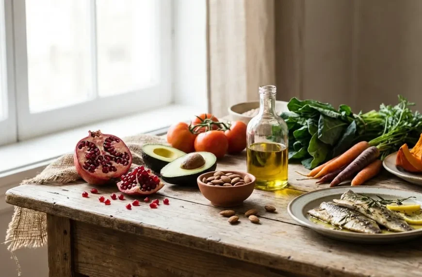 ස්වාභාවික ආහාර | Natural anti-ageing foods arranged on a rustic wooden table near a sunlit window, including pomegranate, avocado, tomatoes, almonds, olive oil, leafy greens, carrots, pumpkin, and grilled oily fish.