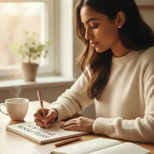 A young South Asian woman sitting at a clean desk near a window, writing her New Year Resolutions in a notebook in soft morning light, with a cup of tea and a small indoor plant, creating a calm and inspirational atmosphere that represents new beginnings, personal growth, and motivation.