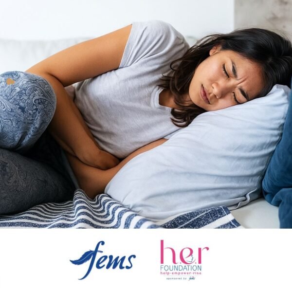 ඔසප් වීම | Woman lying on a bed holding her lower abdomen in pain, with Fems and HER Foundation logos displayed at the bottom.