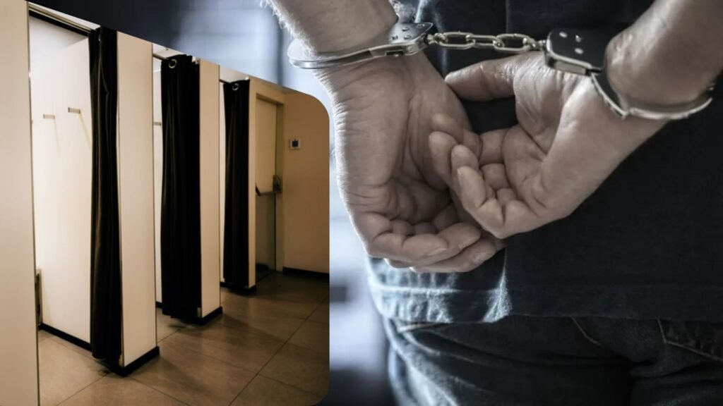 ඇඳුම් | A composite image showing two scenes: on the left, a row of fitting rooms with closed black curtains inside a clothing store; on the right, a close-up of a man’s hands secured in handcuffs behind his back, symbolising an arrest related to a hidden camera incident.