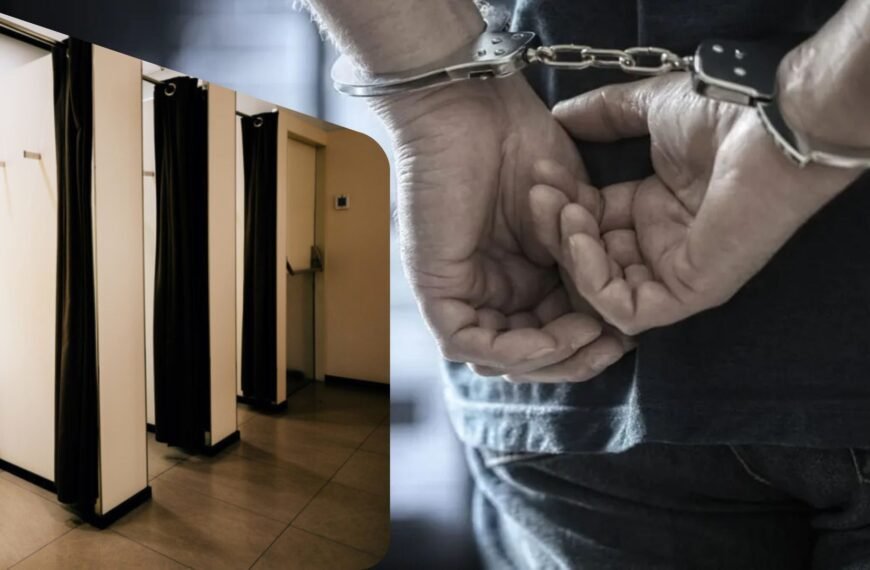 ඇඳුම් | A composite image showing two scenes: on the left, a row of fitting rooms with closed black curtains inside a clothing store; on the right, a close-up of a man’s hands secured in handcuffs behind his back, symbolising an arrest related to a hidden camera incident.