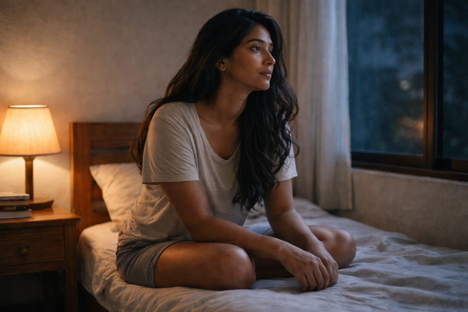overthinking | A thoughtful Sri Lankan woman sits on her bed at night, softly lit by a bedside lamp and moonlight from the window, looking outside with a calm but emotionally heavy expression, representing overthinking and mental stress.