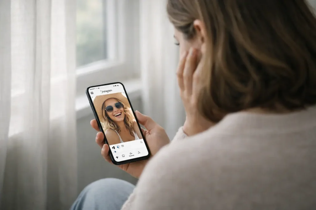 Compare | Woman seated by a window viewed from behind, holding a smartphone displaying a bright Instagram-style photo of a smiling woman, contrasting curated online happiness with quiet, reflective solitude.