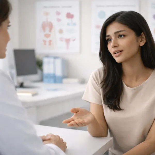 hormonal imbalance | A young South Asian woman with warm brown skin sits in a private medical consultation room, speaking thoughtfully with a female doctor across a desk. Hormone health charts are softly visible on the wall behind them, while the calm, modern setting reflects a supportive conversation about women’s hormonal health.
