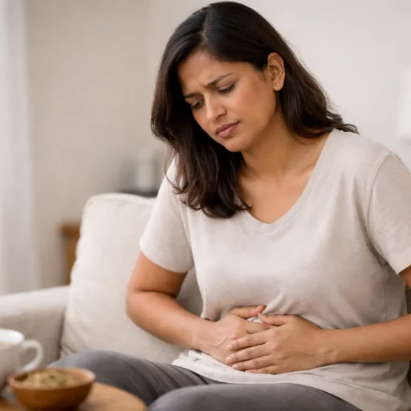 bloating | Sri Lankan woman sitting on a sofa holding her lower abdomen, showing visible discomfort from bloating in a calm home setting.