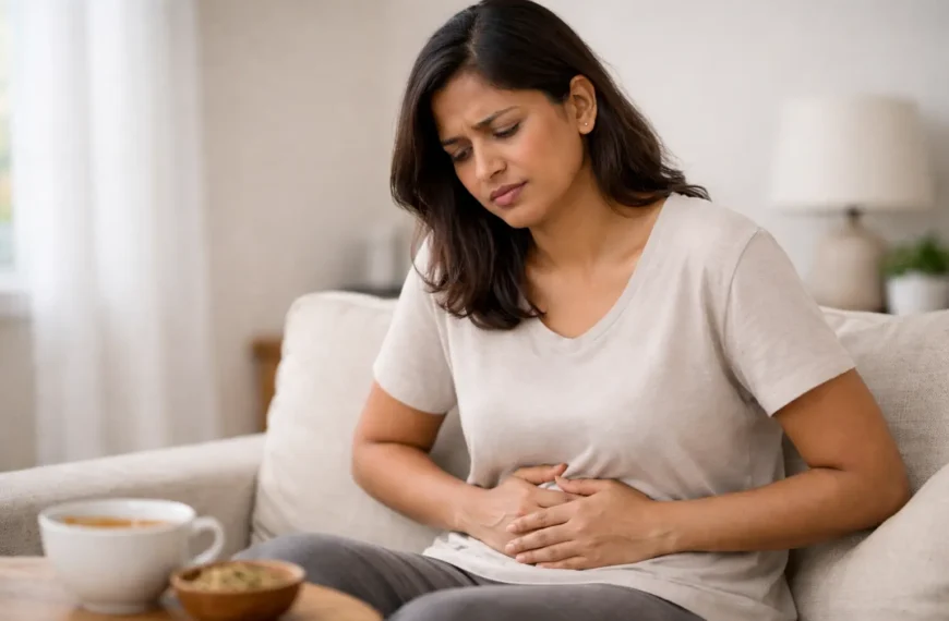 bloating | Sri Lankan woman sitting on a sofa holding her lower abdomen, showing visible discomfort from bloating in a calm home setting.