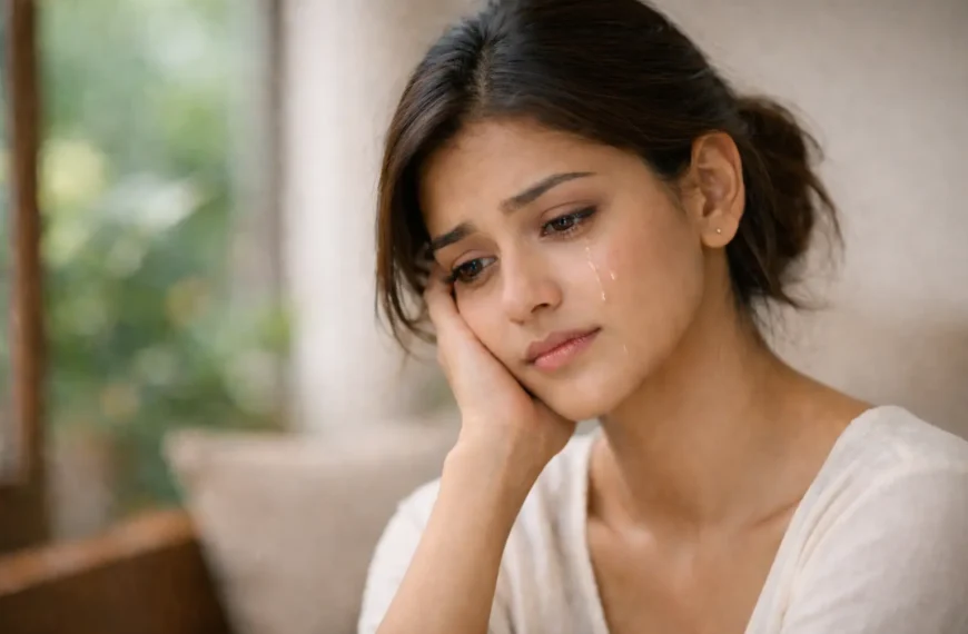 කඳුළු | A beautiful Sri Lankan woman sitting indoors in soft natural light, looking sad and reflective, with a single tear running down her right cheek, conveying quiet emotional pain and vulnerability.