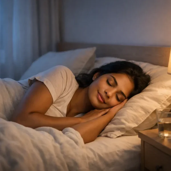 sleep quality | A Sri Lankan woman sleeping peacefully on her side in a softly lit modern bedroom, symbolising restorative sleep, women’s health, and overall wellbeing.
