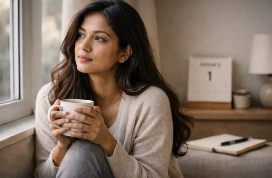 අලුත් අවුරුද්ද | A South Asian woman sitting by a window in soft morning light, holding a cup of tea and looking thoughtfully outside, symbolising reflection and emotional reset after the New Year.