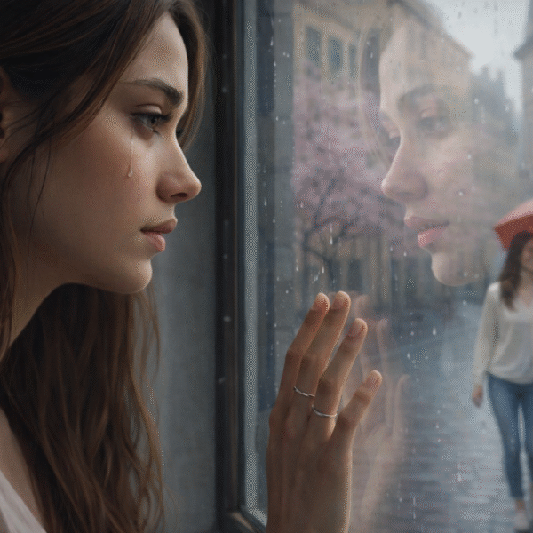 මම | A young South Asian woman stands by a rain-streaked window, a tear on her cheek as she looks at her reflection, while a happy couple walks outside under a red umbrella, symbolising one-sided love and emotional longing.