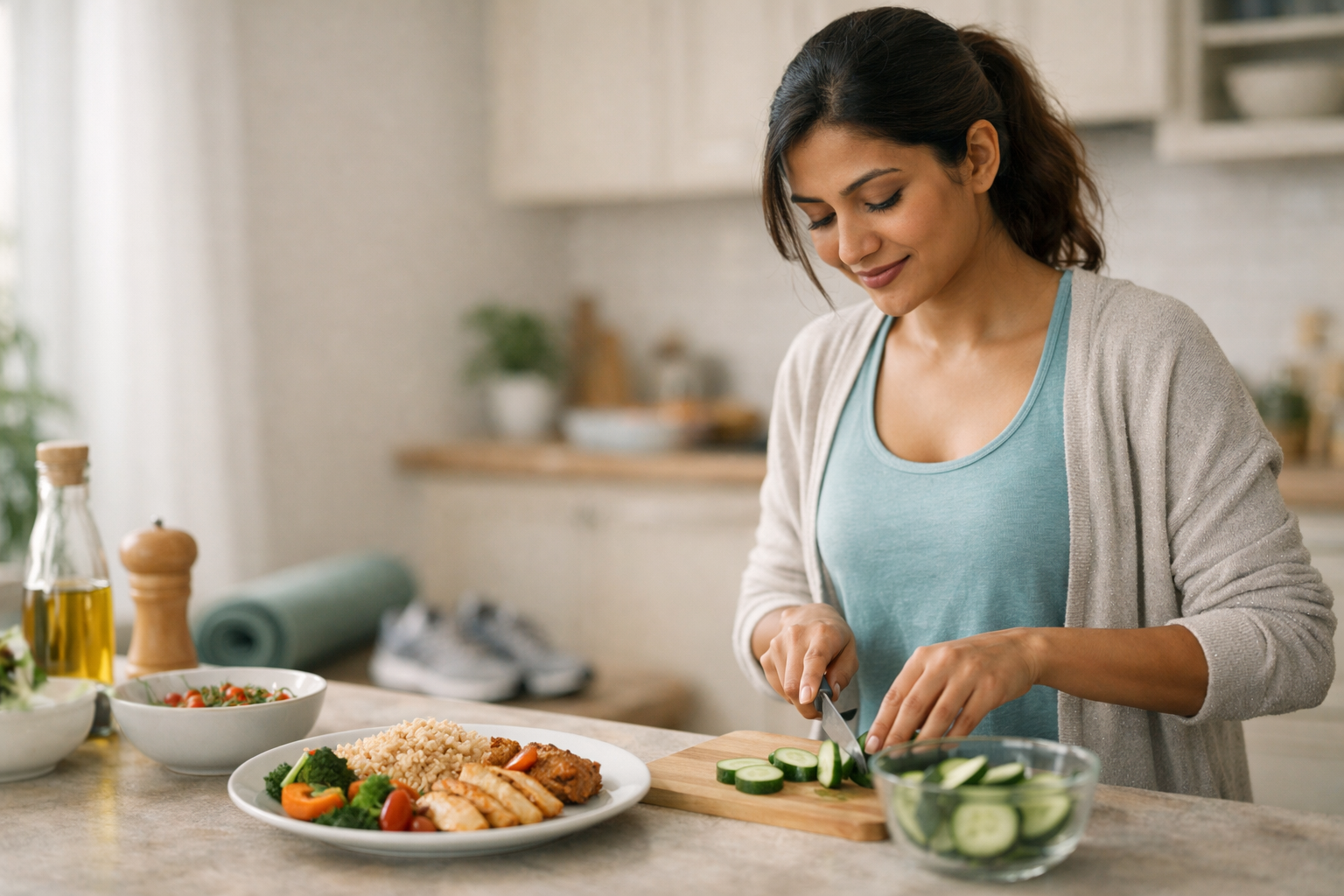 Fitness | South Asian woman preparing a balanced healthy meal in a bright kitchen, with vegetables, rice, and protein on the counter, and yoga mat and walking shoes in the background, representing fitness without strict dieting.