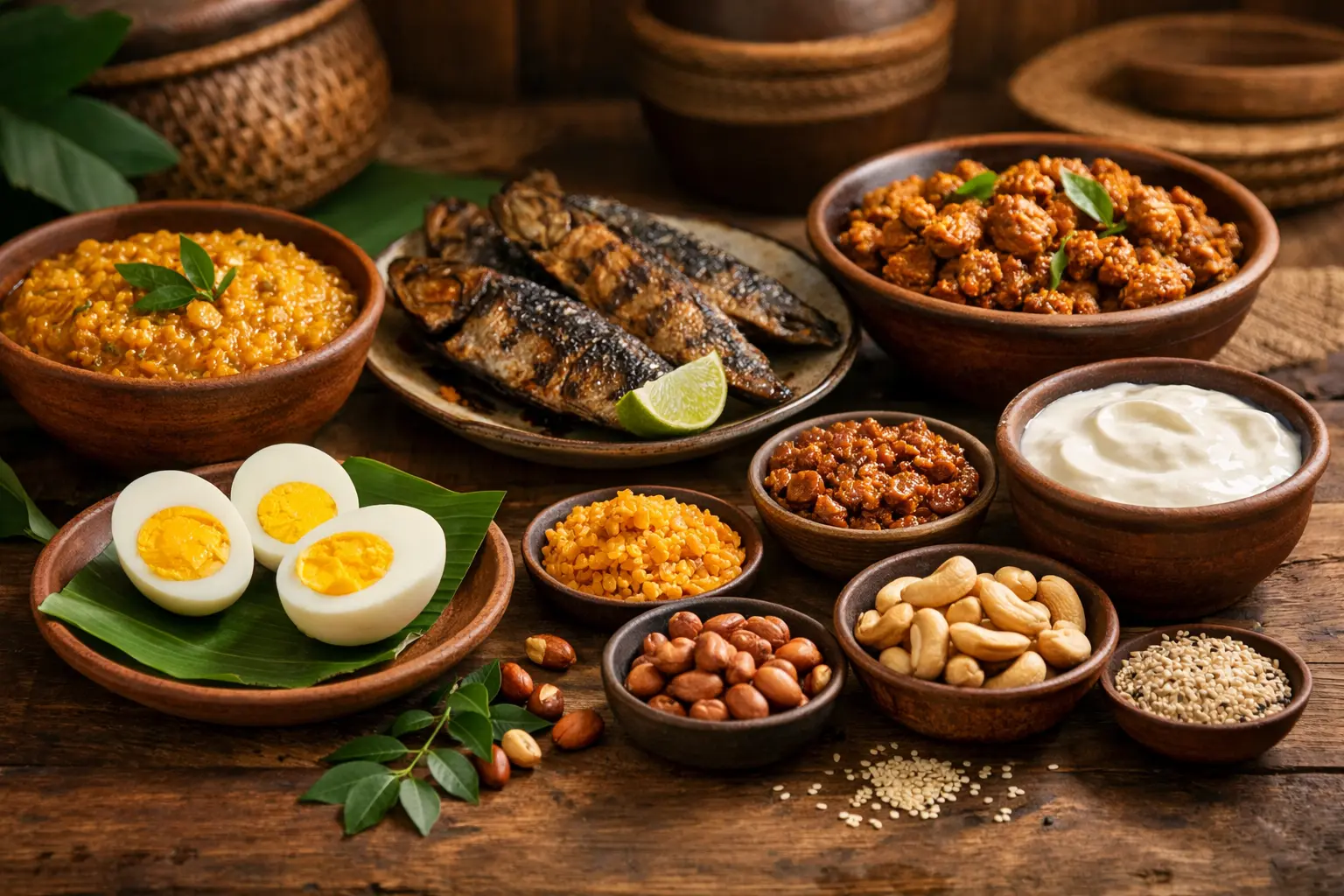 Protein-rich Sri Lankan foods arranged on a rustic wooden table, including boiled eggs, grilled fish, dhal, soy meat curry, curd, peanuts, cashews, and sesame seeds in an authentic traditional kitchen setting.