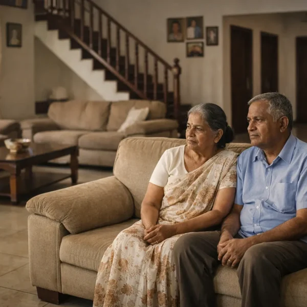 දරුවන් | Elderly Sri Lankan couple sitting quietly on one side of a large beige sofa in a spacious, slightly old-fashioned living room, softly lit by afternoon sunlight, with empty seating areas and a staircase in the background symbolising emotional distance and absent children.