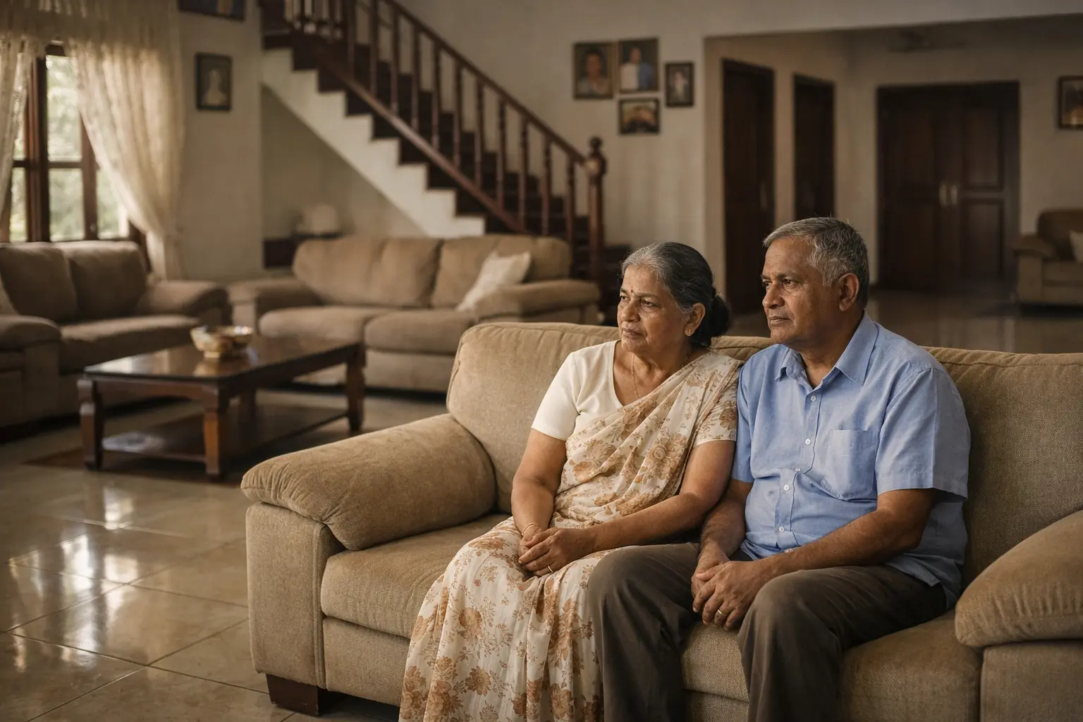 දරුවන් | Elderly Sri Lankan couple sitting quietly on one side of a large beige sofa in a spacious, slightly old-fashioned living room, softly lit by afternoon sunlight, with empty seating areas and a staircase in the background symbolising emotional distance and absent children.