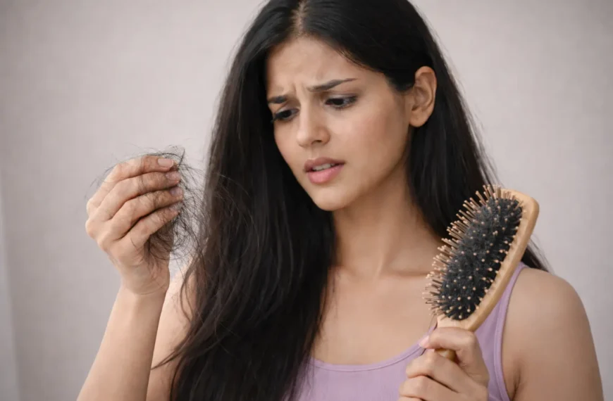 Hormones | Young South Asian woman with long black hair wearing a lavender purple tank top, holding a clump of fallen hair in one hand and a wooden hairbrush filled with shed strands in the other, looking concerned under soft diffused studio lighting against a neutral background.