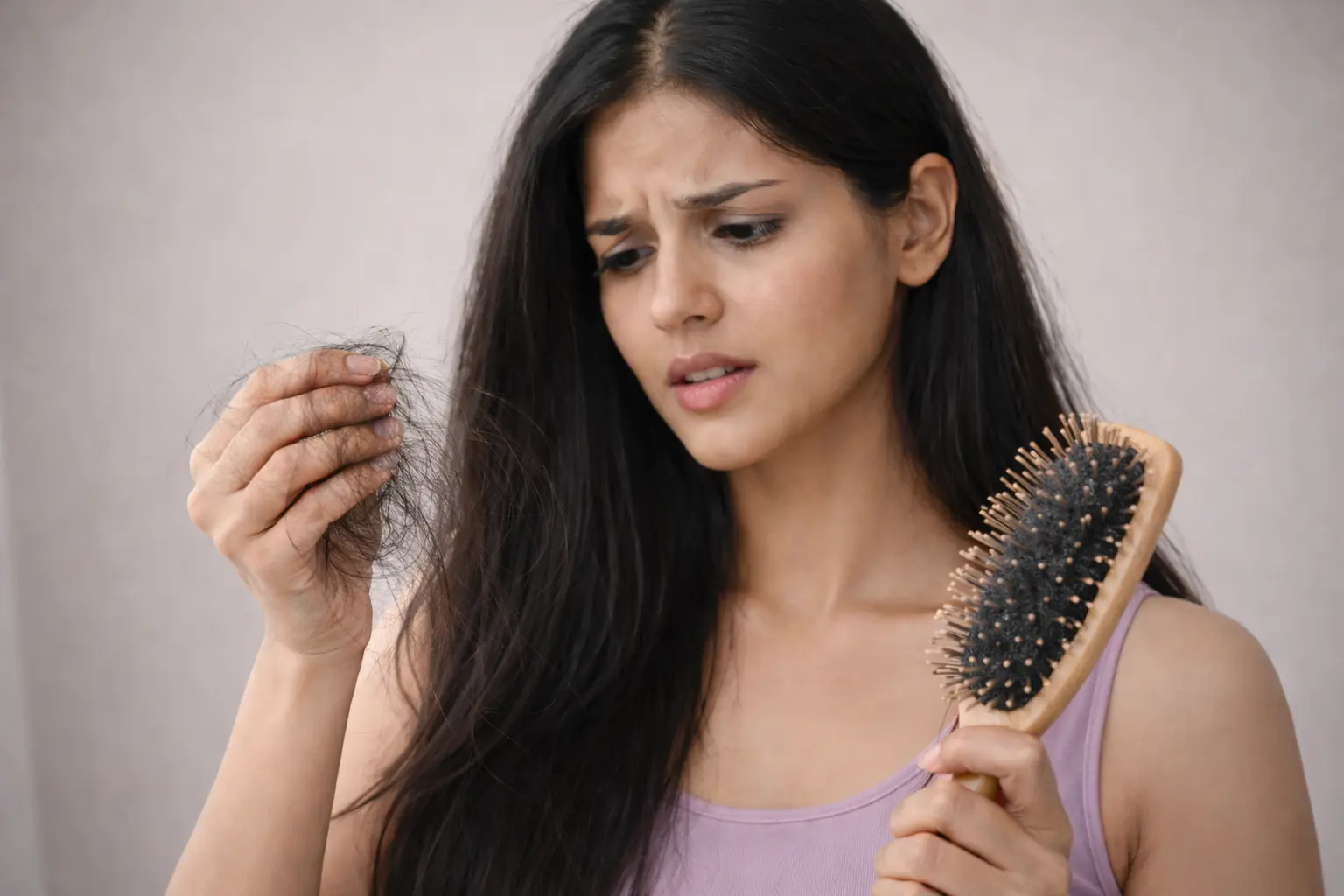 Hormones | Young South Asian woman with long black hair wearing a lavender purple tank top, holding a clump of fallen hair in one hand and a wooden hairbrush filled with shed strands in the other, looking concerned under soft diffused studio lighting against a neutral background.