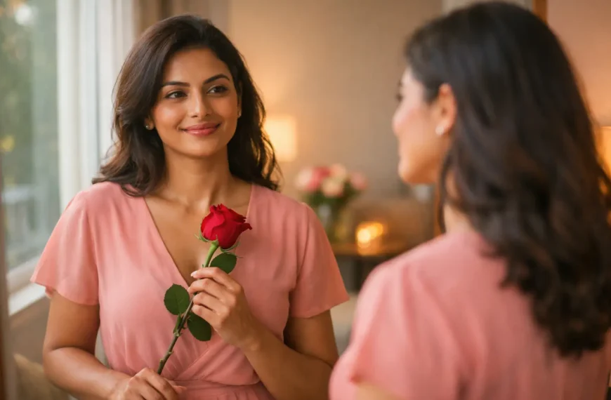 Sri Lankan woman in a blush pink dress holding a red rose and smiling at her reflection near a sunlit window, symbolising self-love on Valentine’s Day in a softly lit modern home.