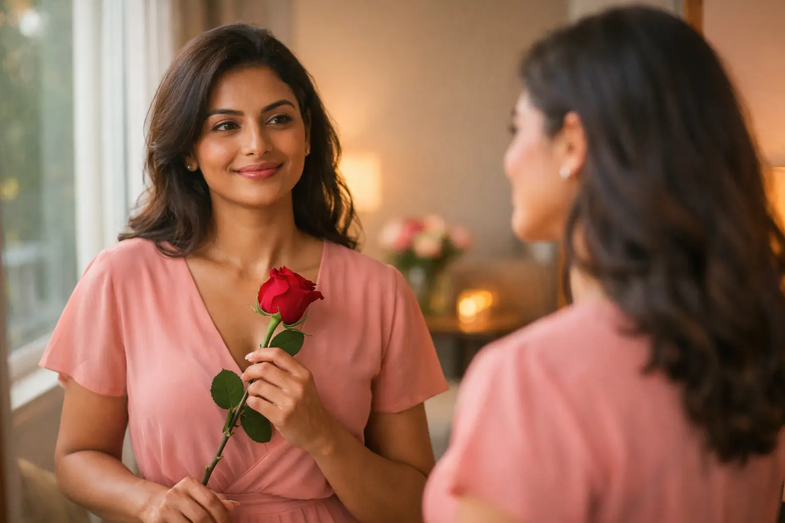 Sri Lankan woman in a blush pink dress holding a red rose and smiling at her reflection near a sunlit window, symbolising self-love on Valentine’s Day in a softly lit modern home.