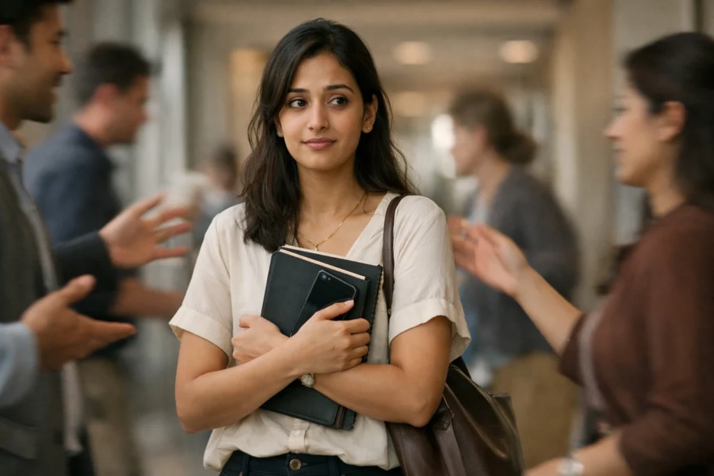 People Pleaser | Young Sri Lankan woman standing in a busy indoor setting, holding a notebook and phone close to her chest while blurred people around her speak and gesture, symbolising emotional pressure and people-pleasing burnout.