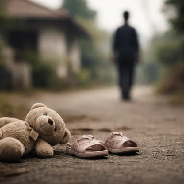 ළමා හිංසනය | A soft teddy bear and a pair of small pink children’s sandals placed on a quiet residential road, with a blurred adult figure standing in the distance near a modest Sri Lankan home under muted daylight, symbolising child protection awareness and vulnerability.