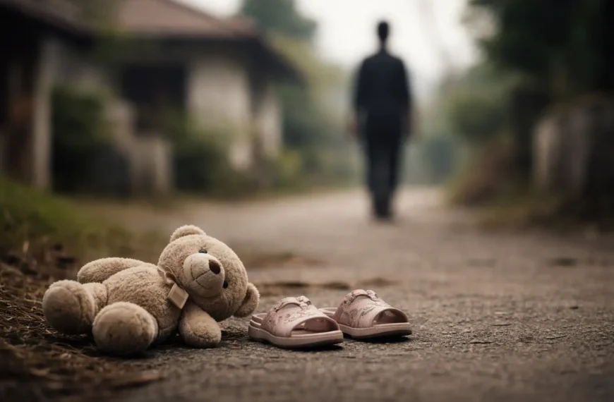 ළමා හිංසනය | A soft teddy bear and a pair of small pink children’s sandals placed on a quiet residential road, with a blurred adult figure standing in the distance near a modest Sri Lankan home under muted daylight, symbolising child protection awareness and vulnerability.