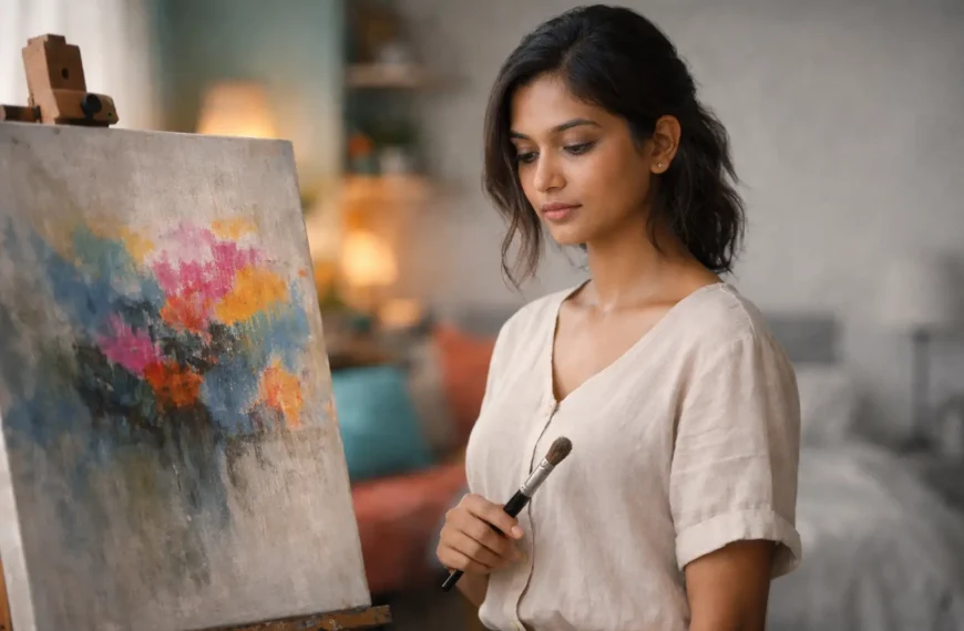 Expectations | A young Sri Lankan woman stands beside an easel in a softly lit room, holding a paintbrush while looking thoughtfully at a canvas featuring a colourful abstract painting with blues, pinks, oranges, and yellows. The background is gently blurred with warm indoor lighting, creating a calm, reflective mood.