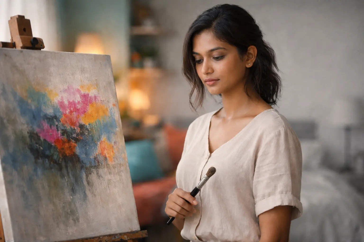 Expectations | A young Sri Lankan woman stands beside an easel in a softly lit room, holding a paintbrush while looking thoughtfully at a canvas featuring a colourful abstract painting with blues, pinks, oranges, and yellows. The background is gently blurred with warm indoor lighting, creating a calm, reflective mood.